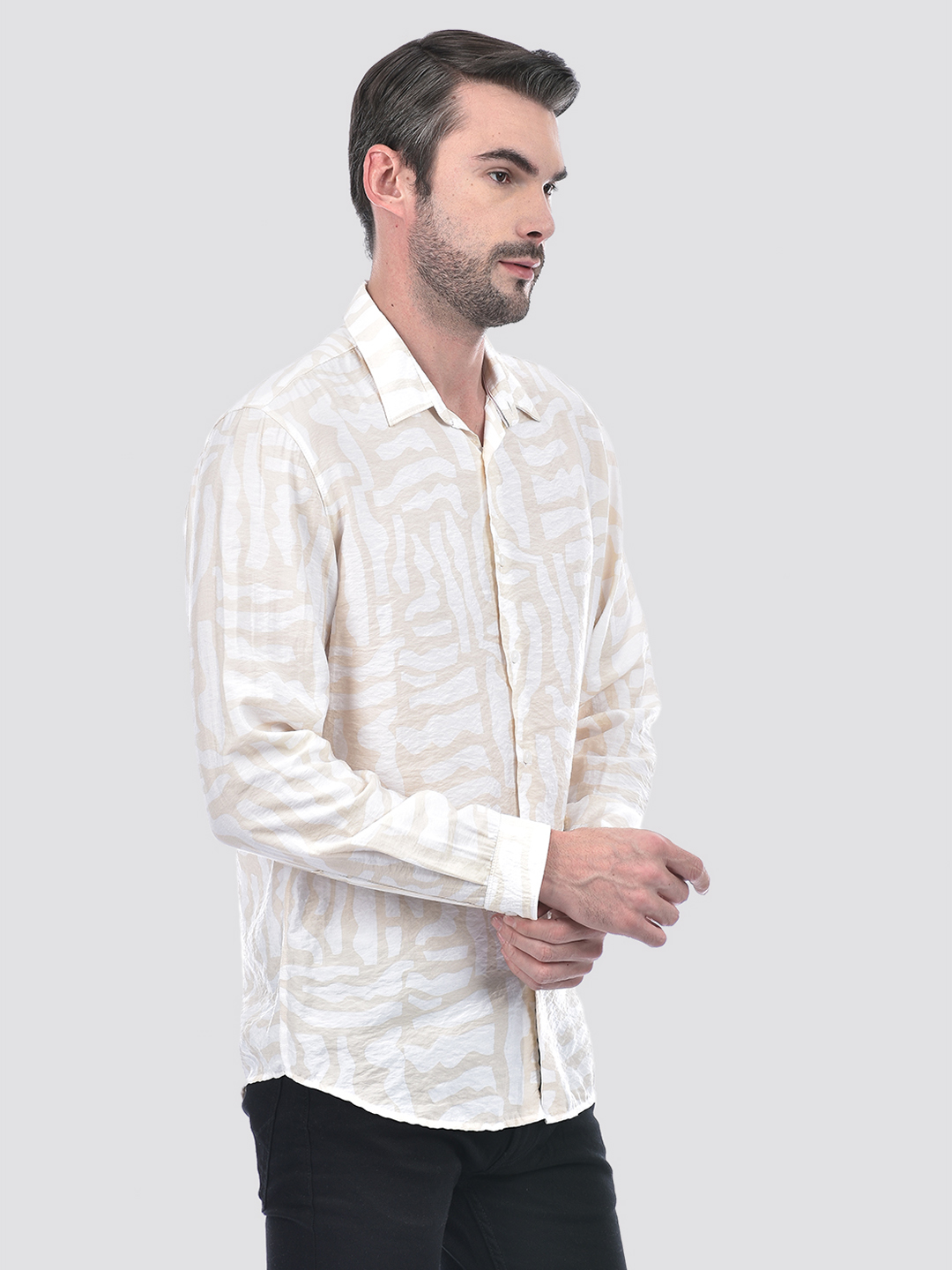 Numero Uno Men Abstract Beige Shirt